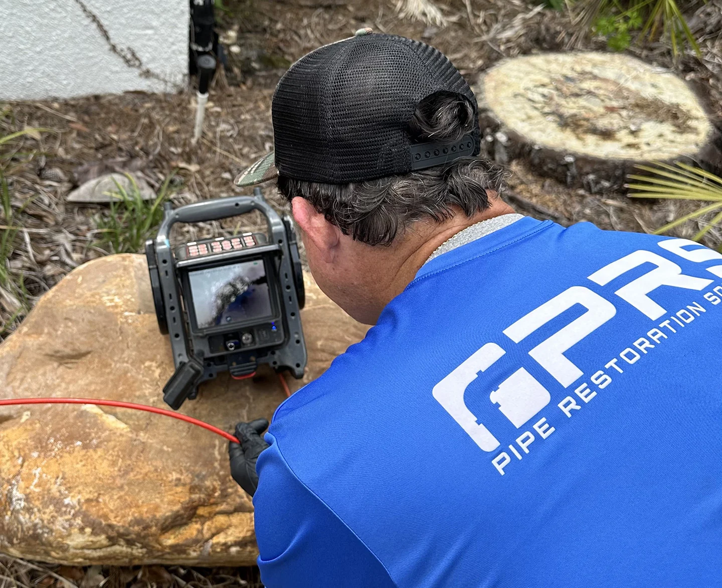 A PRS employee inspects a pipe using a specialized camera