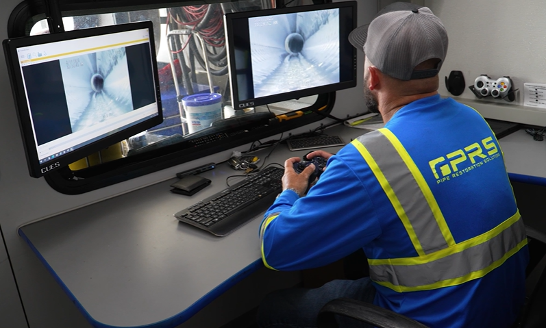 PRS technician viewing a sewer and pipe camera inspection