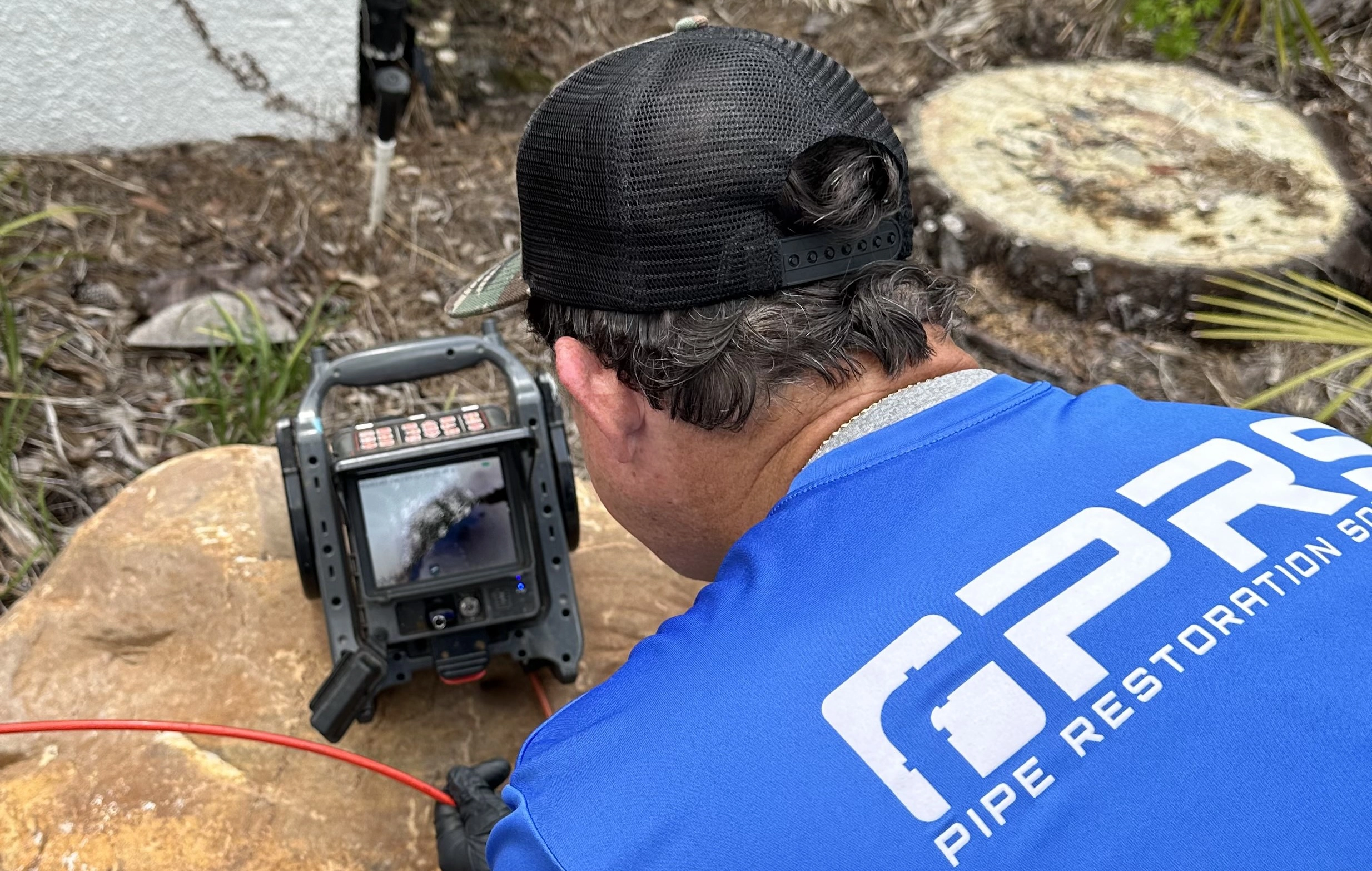 PRS technician performing an inspection before sewer drain cleaning in CA
