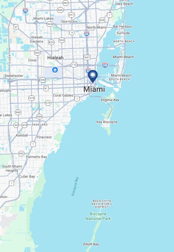 Map of Miami with a location pin highlighting Pipe Restoration Solutions' plumbing service area in Miami, Florida.