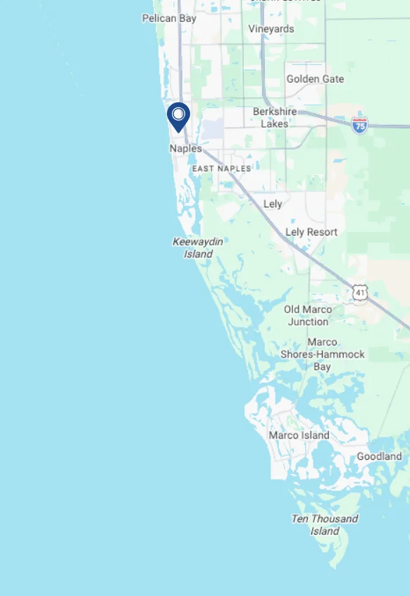 Map of Naples with a location pin highlighting Pipe Restoration Solutions' plumbing service area in Naples, Florida.